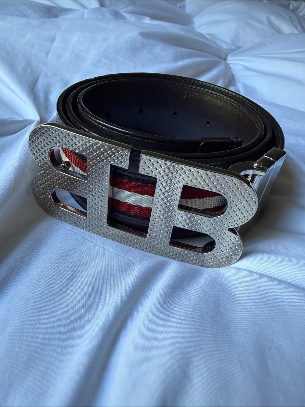 Bally Black Leather Belt with Silver B Buckle and Red-White Stripe Detail